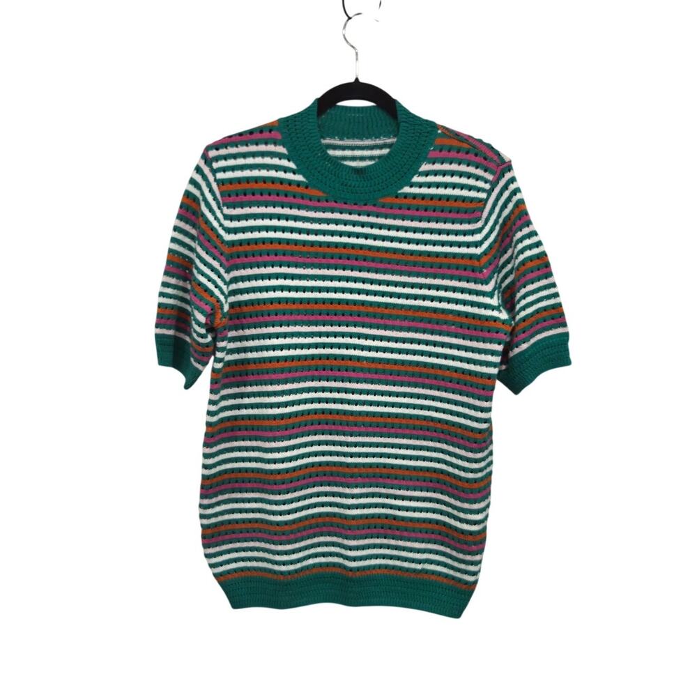 Vintage Style Striped Knit Crewneck Sweater Tops Green Pink White Womens Size XL